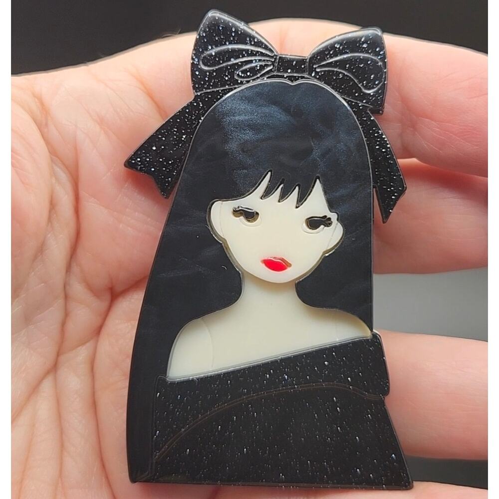Acrylic Girl Woman Brooch Black Hair Glittery Black Blouse and Hairbow